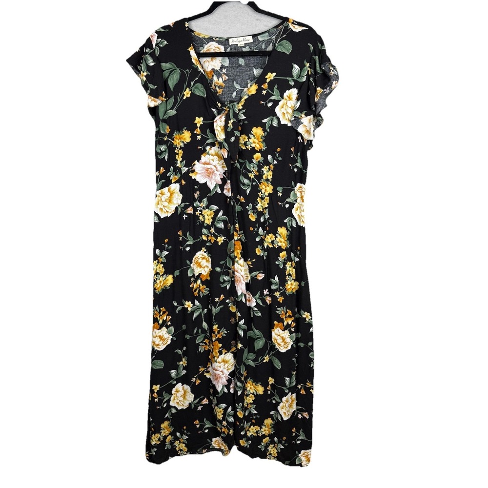 Black & Yellow Floral Moody Dark Fairy Grunge Tie Front Button Down Dress Sz 2XL